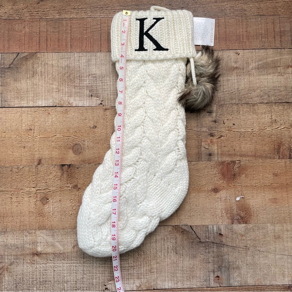 Knit Cream Faux fur Pom Poms Stocking Embroidered K NEW with Tags - Picture 3 of 5